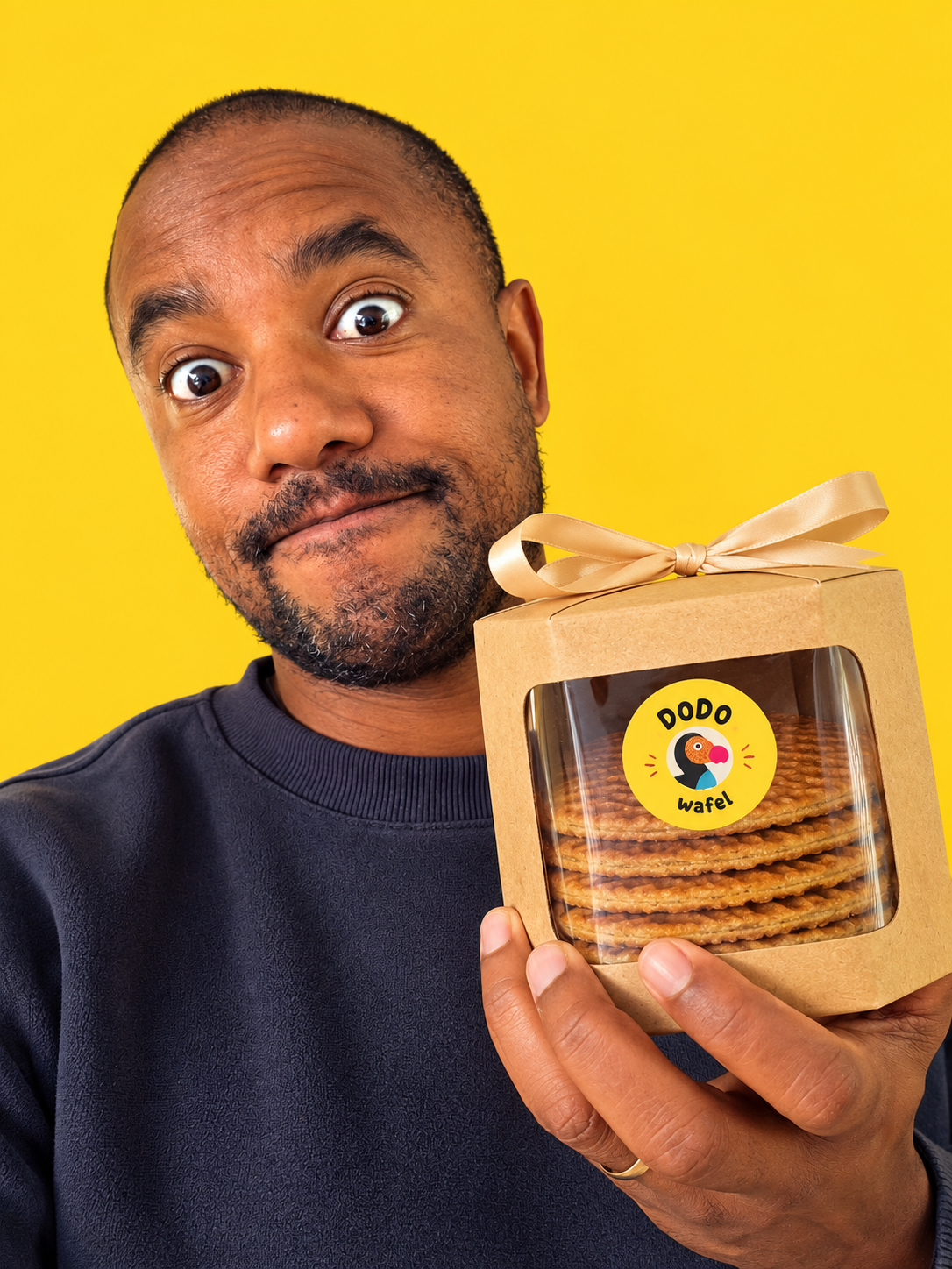 Winley met een geschenkdoos vol verse DODO stroopwafels