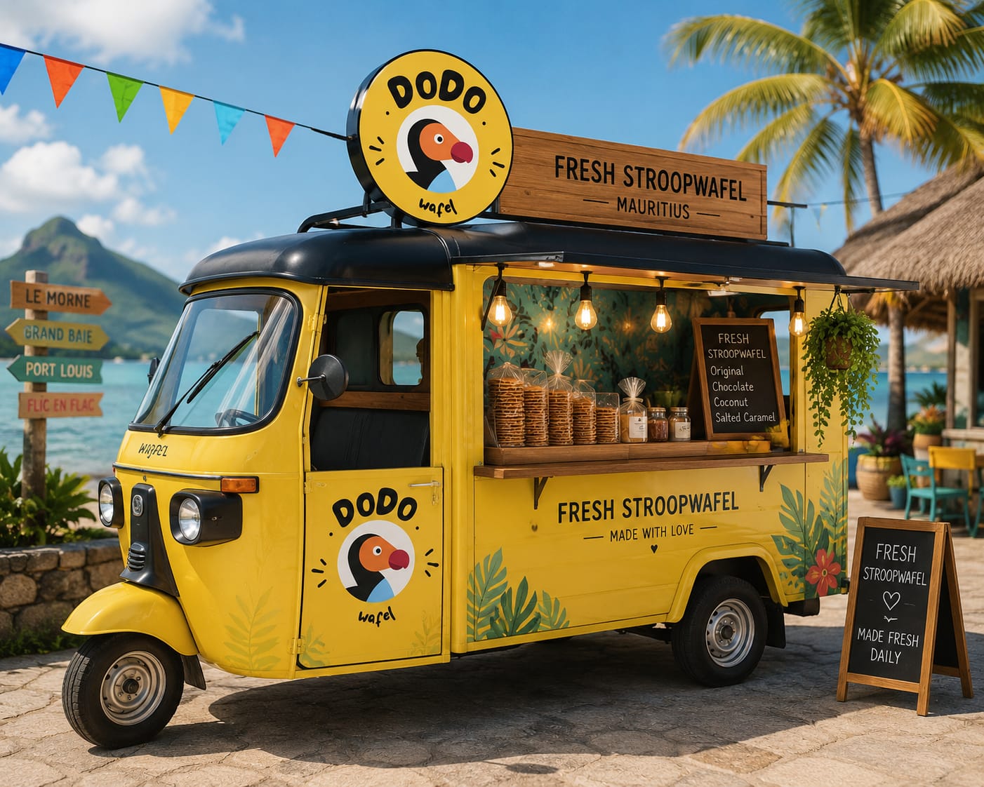 Gele DODO foodtrailer op een Nederlandse markt